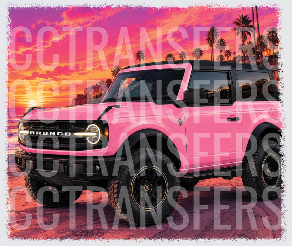 Pink Off-Road SUV Tropical Sunset Beach Scene (DTF)