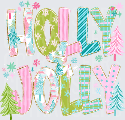 Holly Jolly Patterned Christmas Typography with Trees (DTF)