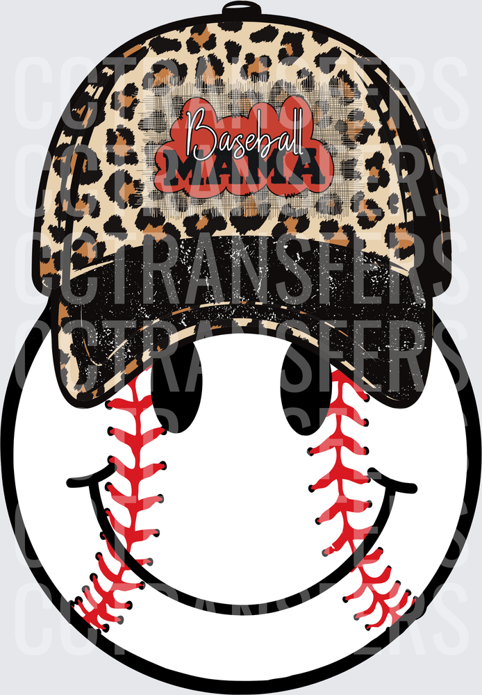 Baseball Mama Leopard Hat Smiley Face Ball (DTF)