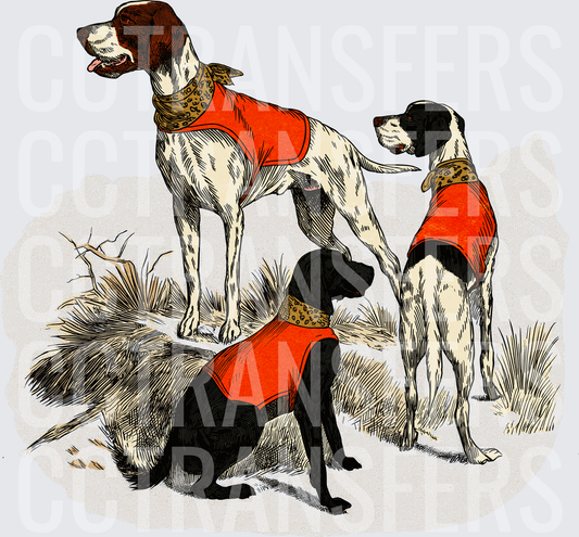 Vintage Hunting Dogs in Red Vests Outdoor Scene (DTF)