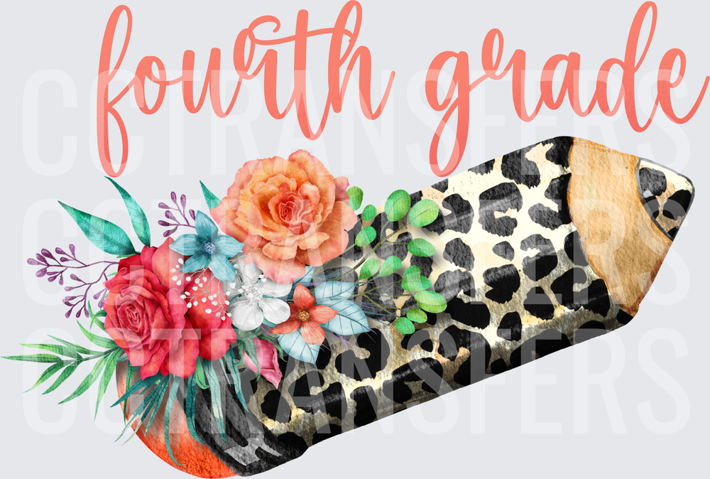 Fourth Grade Leopard Print Pencil Floral Bouquet (DTF)