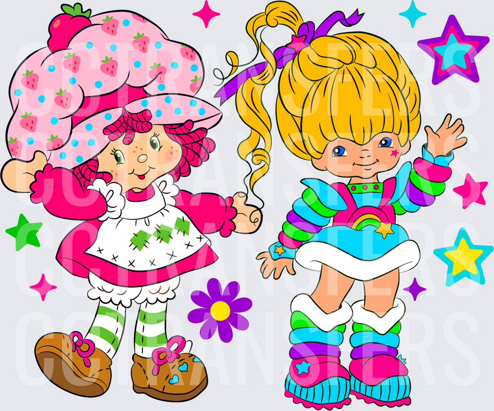 Retro Cartoon BFFs Pink Hat & Rainbow Girl with Stars (DTF)