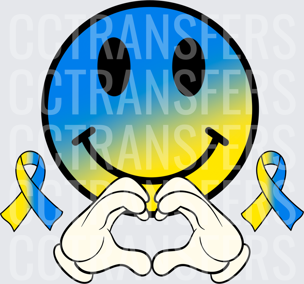 Blue Yellow Gradient Smiley Face Heart Hands Awareness Ribbons (DTF)
