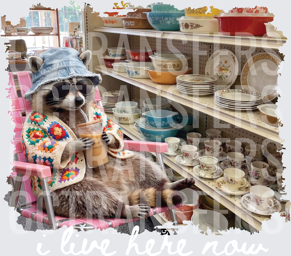 Thrift Shop Raccoon Sipping Iced Coffee in Lawn Chair (DTF)