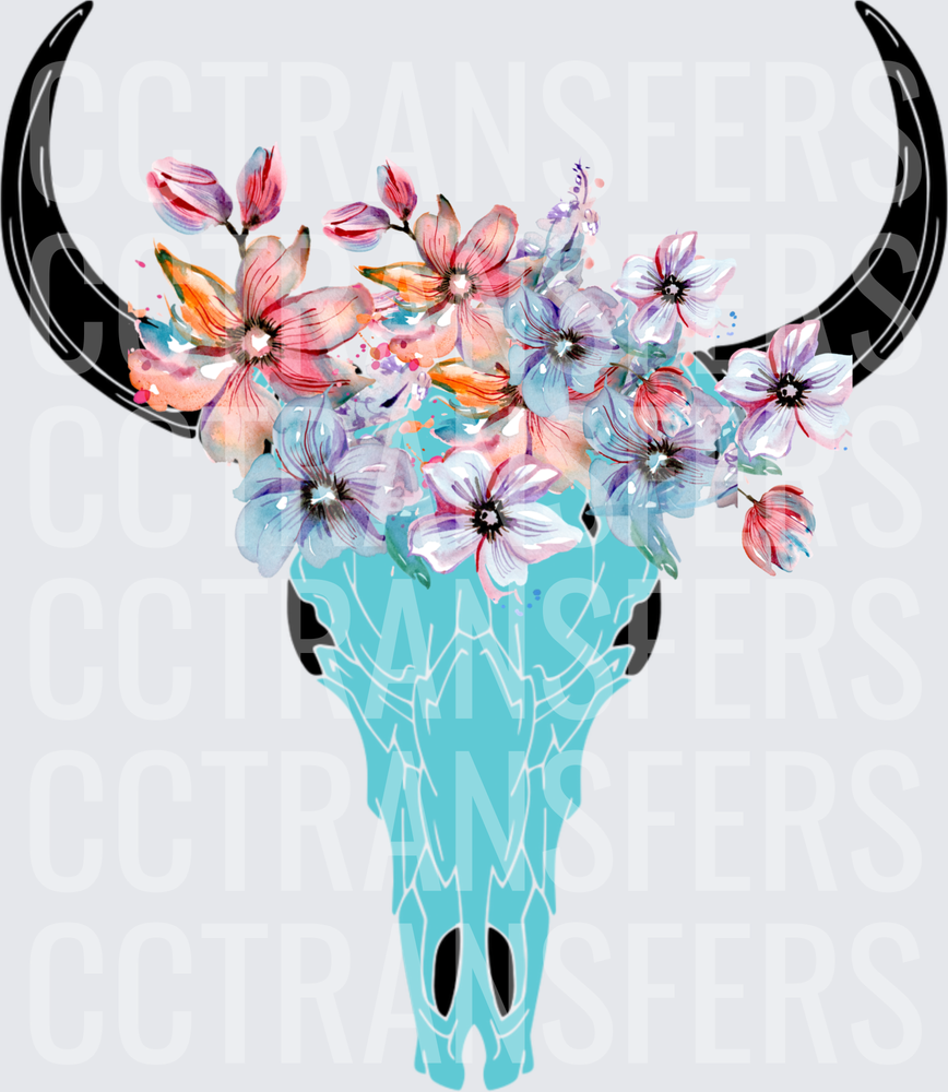 Turquoise Boho Bull Skull with Watercolor Floral Crown (DTF)