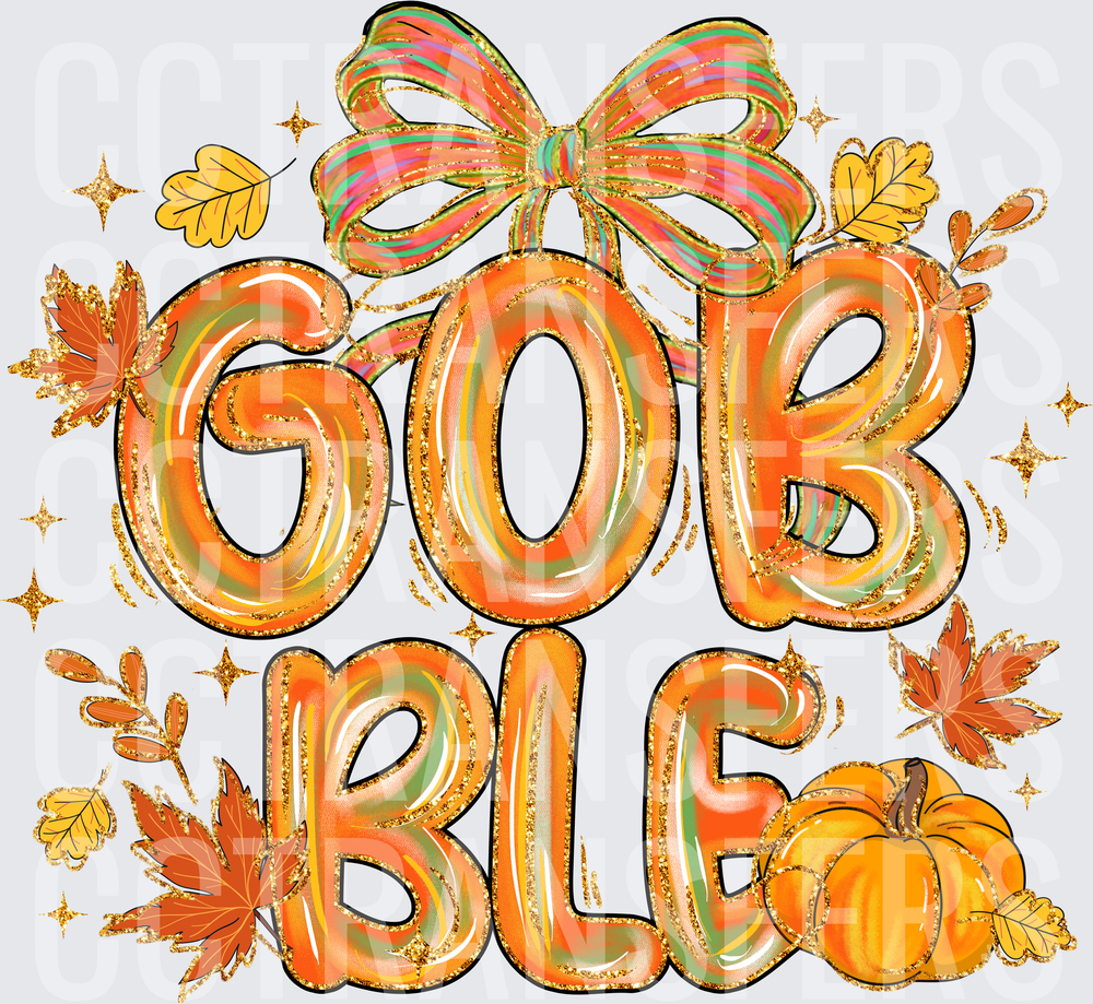 Gobble Glitter Bow Fall Leaves Pumpkin Thanksgiving (DTF)