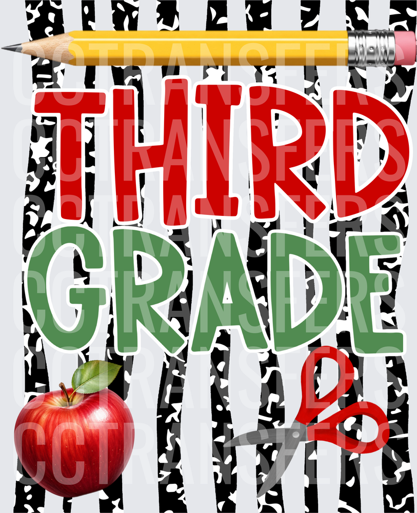 Third Grade Bold School Pencil Apple Scissors Design (DTF)