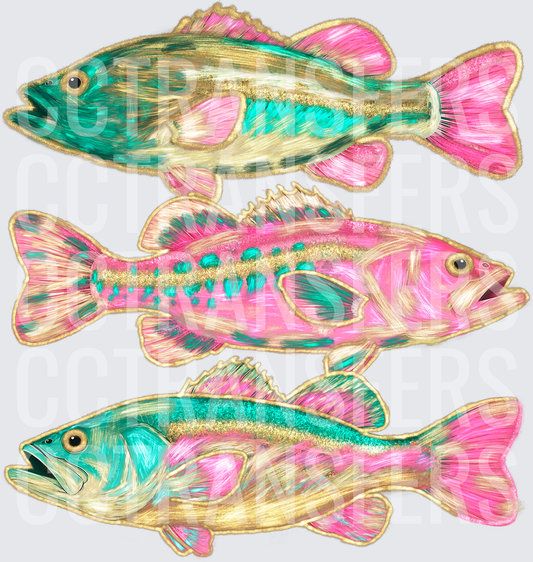 Three Vibrant Pink Teal Gold Bass Fish Illustration (DTF)