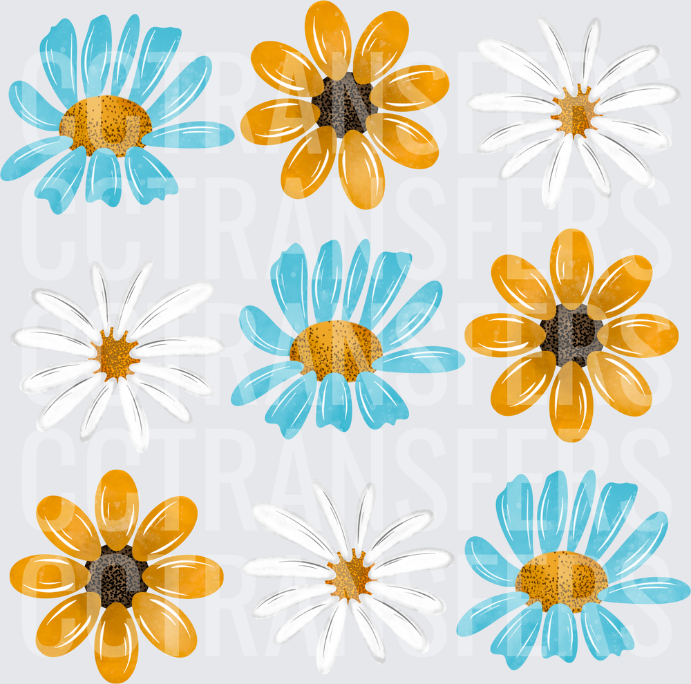 Nine Daisy Flowers Blue Gold White Floral Set (DTF)