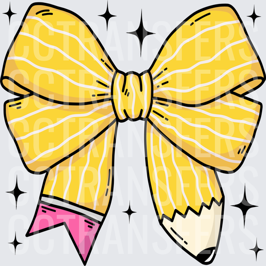 Yellow Pencil Bow with Pink Eraser and Sparkles (DTF)