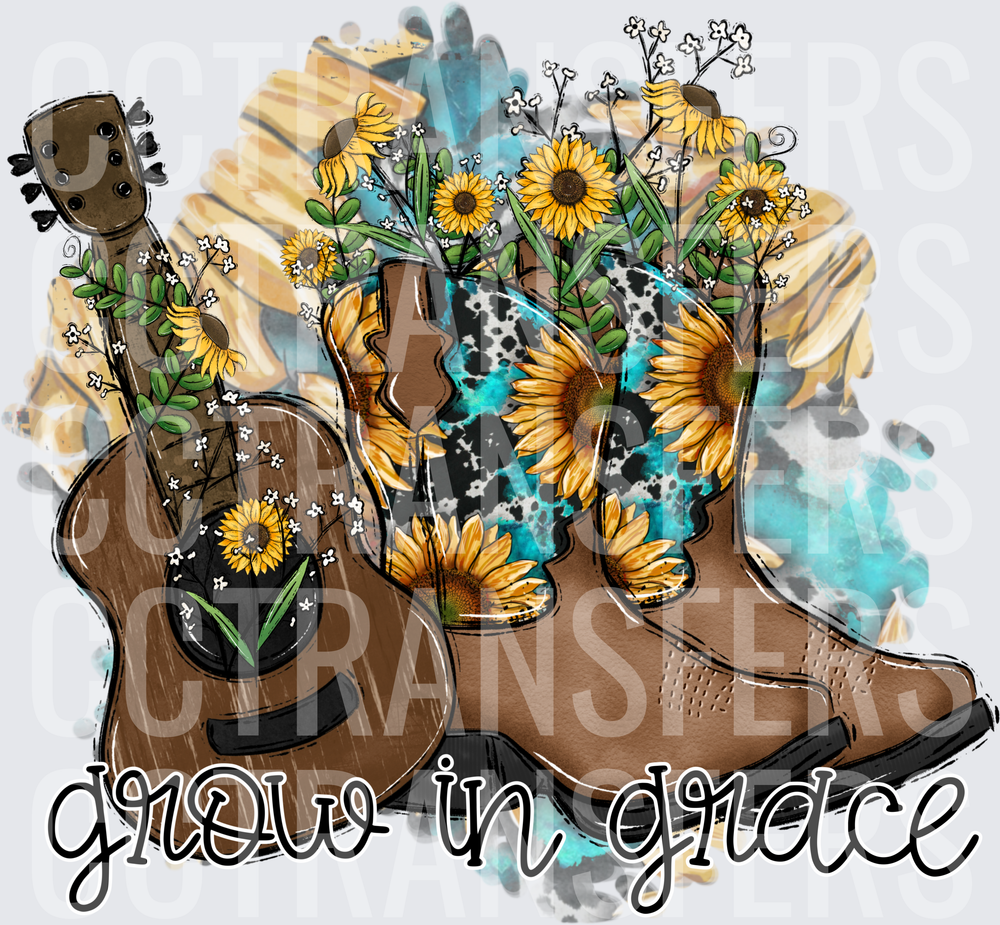 Grow In Grace Sunflower Cowboy Boots Guitar (DTF)