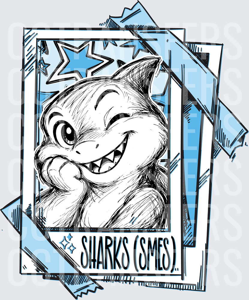Grinning Cartoon Shark Polaroid Sketch Stars DTF