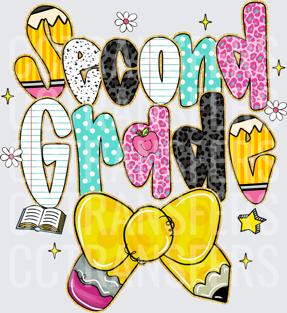 Second Grade Patterned Letters Yellow Bow School (DTF)