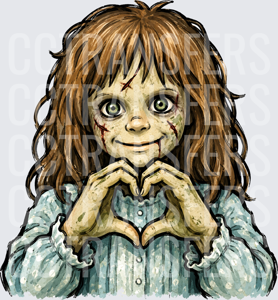 Creepy Scarred Girl Making Heart Shape with Hands (DTF)