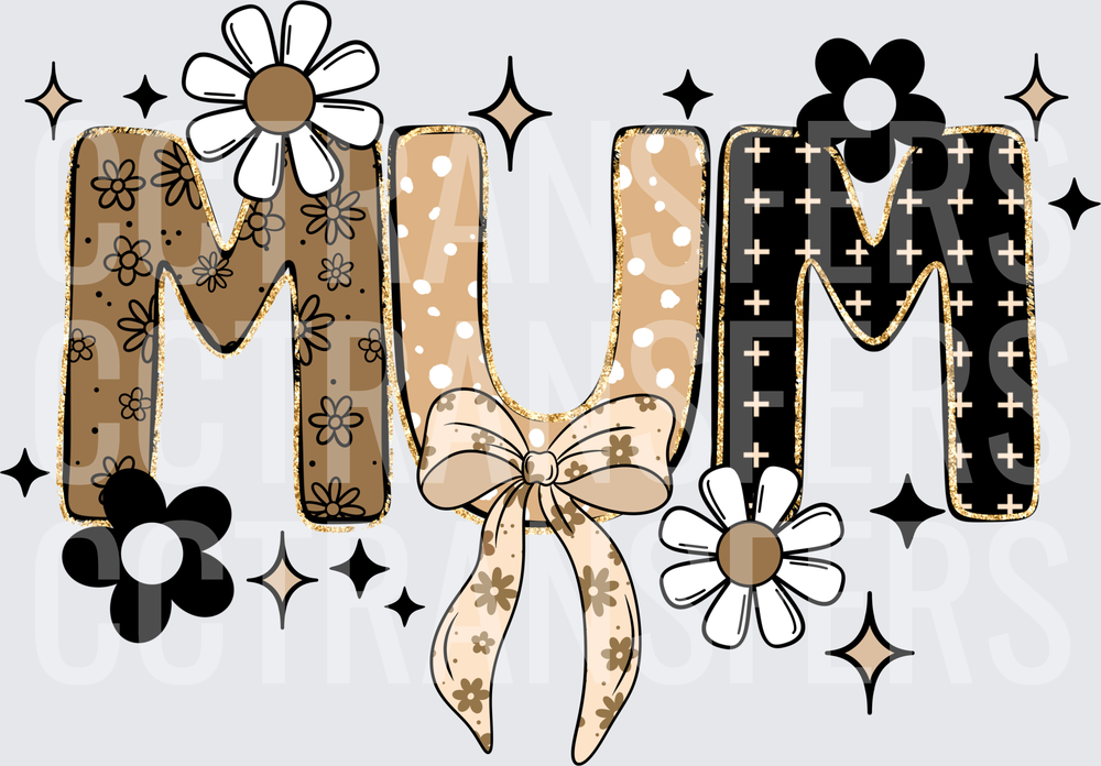 Boho Mum Floral Daisy Bow Sparkle Neutral Tones (DTF)