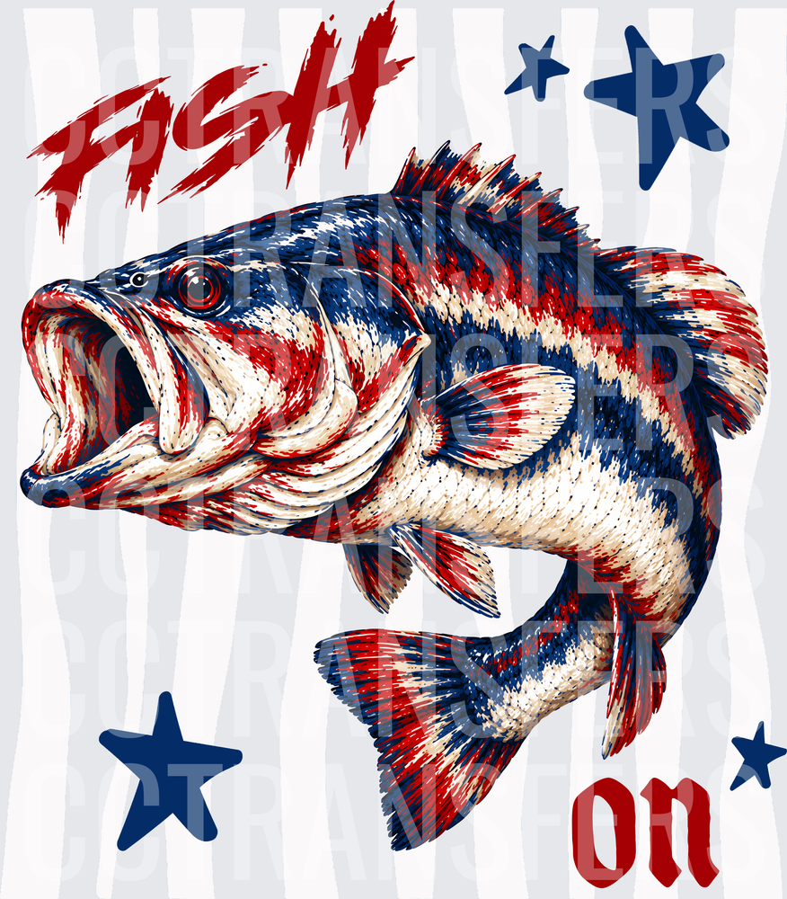 Fish On Patriotic Bass Red White Blue Stars (DTF)