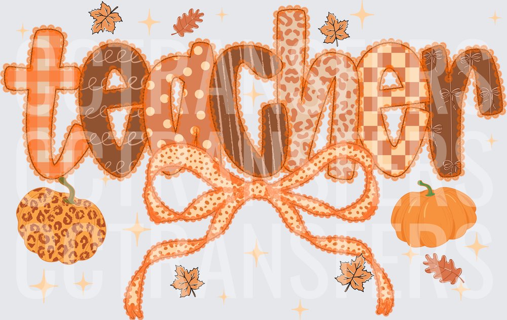 Fall Teacher Patchwork Mixed Print Bow Pumpkins Leaves DTF