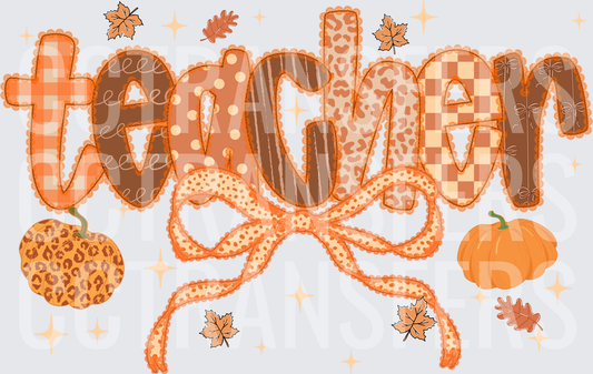 Fall Teacher Patchwork Mixed Print Bow Pumpkins Leaves DTF