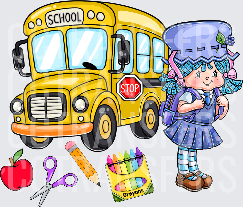 Cartoon Girl with Blue Hair School Bus Back to School Scene (DTF)