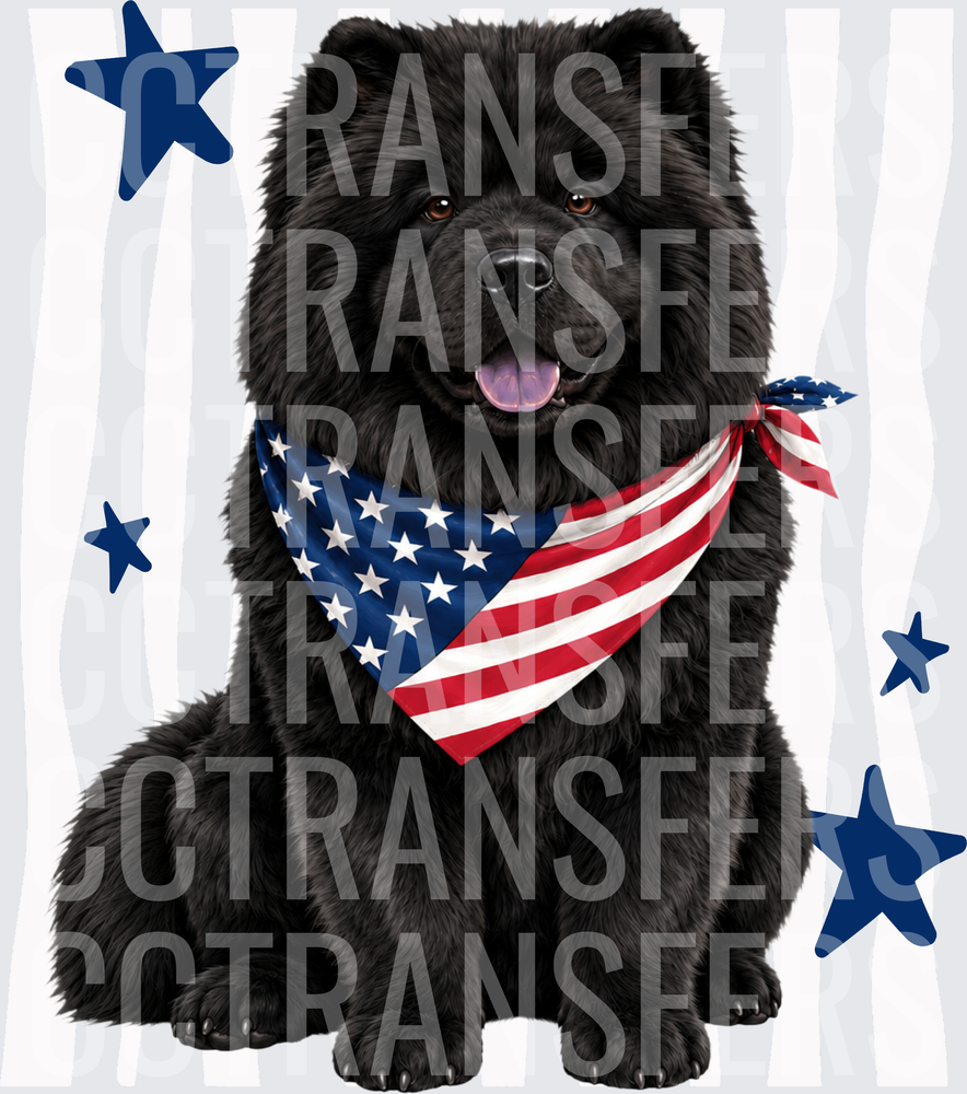 Patriotic Black Fluffy Dog American Flag Bandana Stars (DTF)