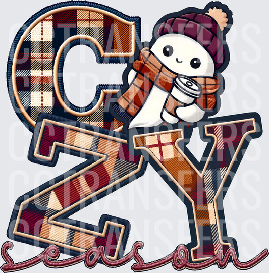 Cozy Season Plaid Embroidery Ghost Coffee Fall (DTF)