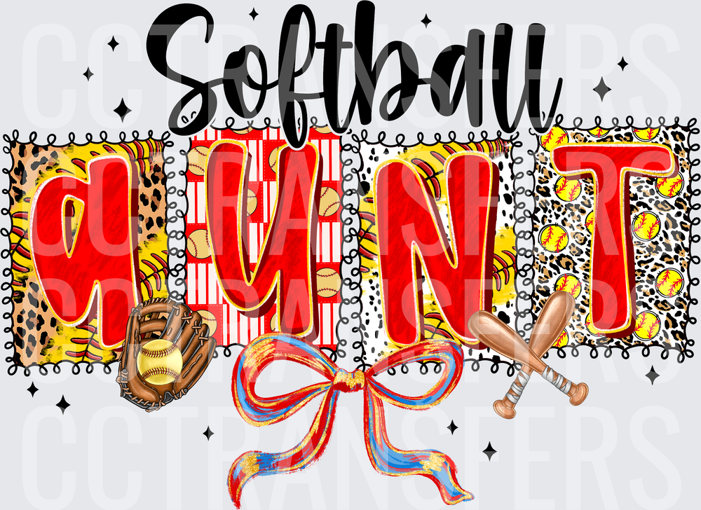 Softball Aunt Leopard Print Bow Glove Bats Design (DTF)