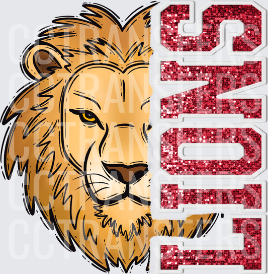 Lions Mascot Head Red Glitter Varsity Letter Design (DTF)