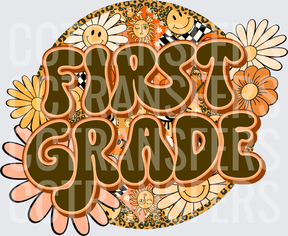 Retro Groovy First Grade Floral Leopard Smiley Sun (DTF)