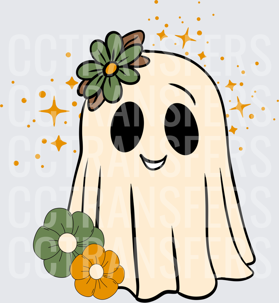 Cute Smiling Ghost With Green Daisy Flowers Sparkles (DTF)