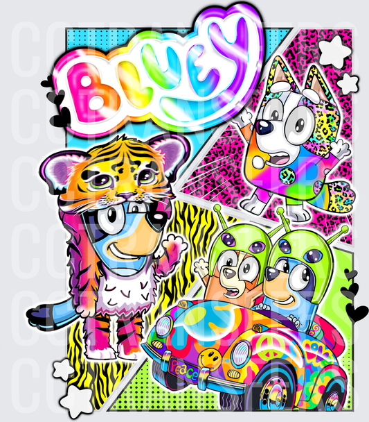 Bluey Rainbow Neon Retro Lisa Frank Style Cartoon (DTF)