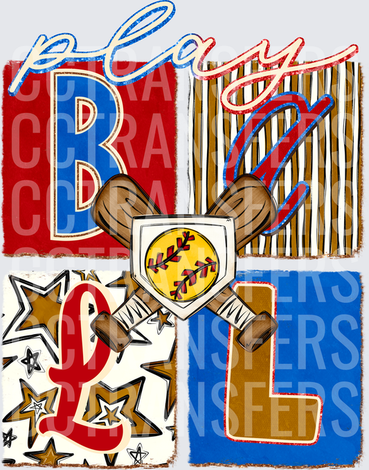 Play Ball Softball Crossed Bats Shield Stars Patchwork (DTF)