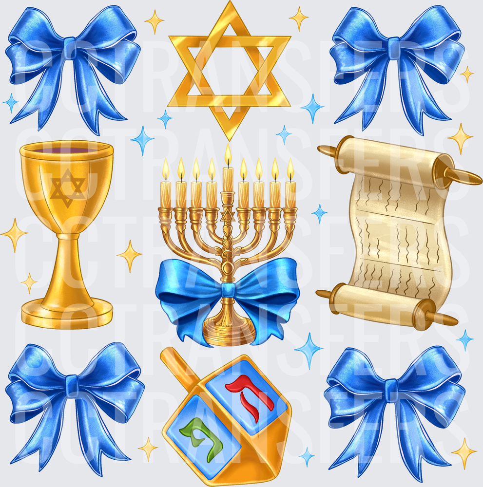 Hanukkah Symbols Menorah Dreidel Star Torah Blue Bows (DTF)