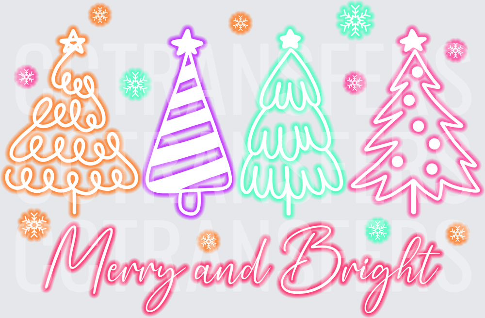 Merry and Bright Neon Christmas Trees Snowflakes (DTF)