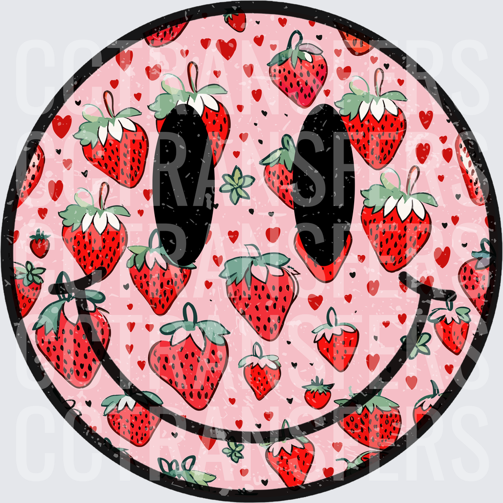 Strawberry Hearts Smiley Face Distressed Pink (DTF)