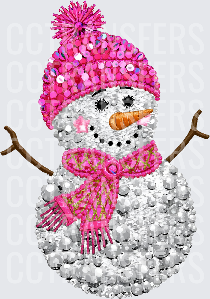 Glam Sequin Snowman Pink Beanie Scarf Winter (DTF)