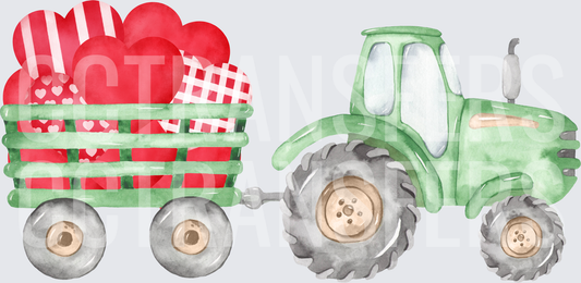 Watercolor Green Tractor Hauling Valentine Hearts (DTF)