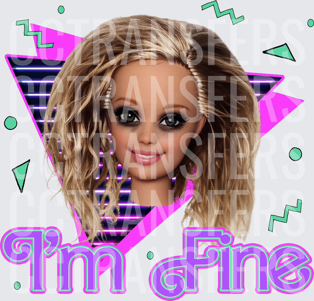Retro Doll Face I'm Fine Neon 80s Geometric Design (DTF)