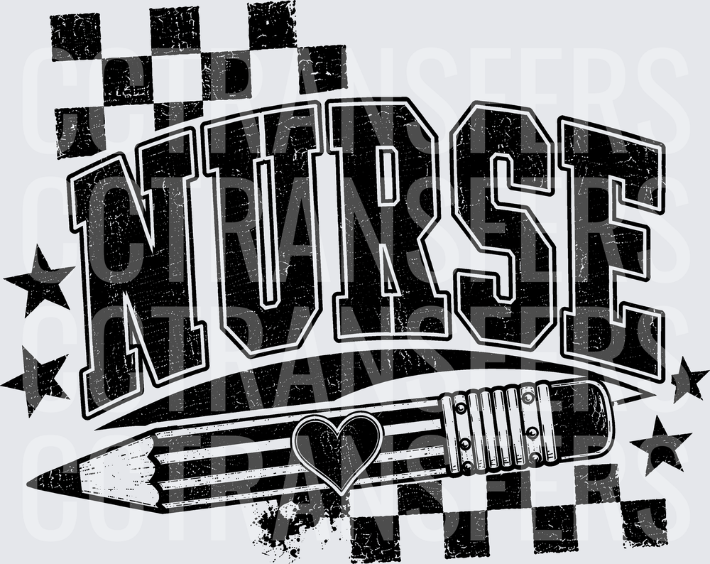 Nurse Bold Arch Lettering Pencil Heart Stars Checkered (DTF)