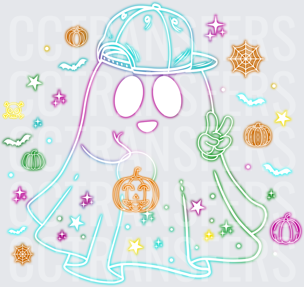 Neon Rainbow Ghost Snapback Hat Peace Sign Halloween DTF