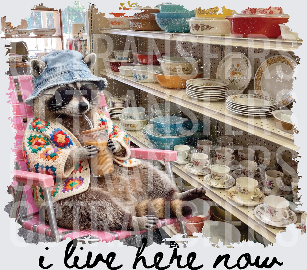 Raccoon I Live Here Now Thrift Store Lounging (DTF)