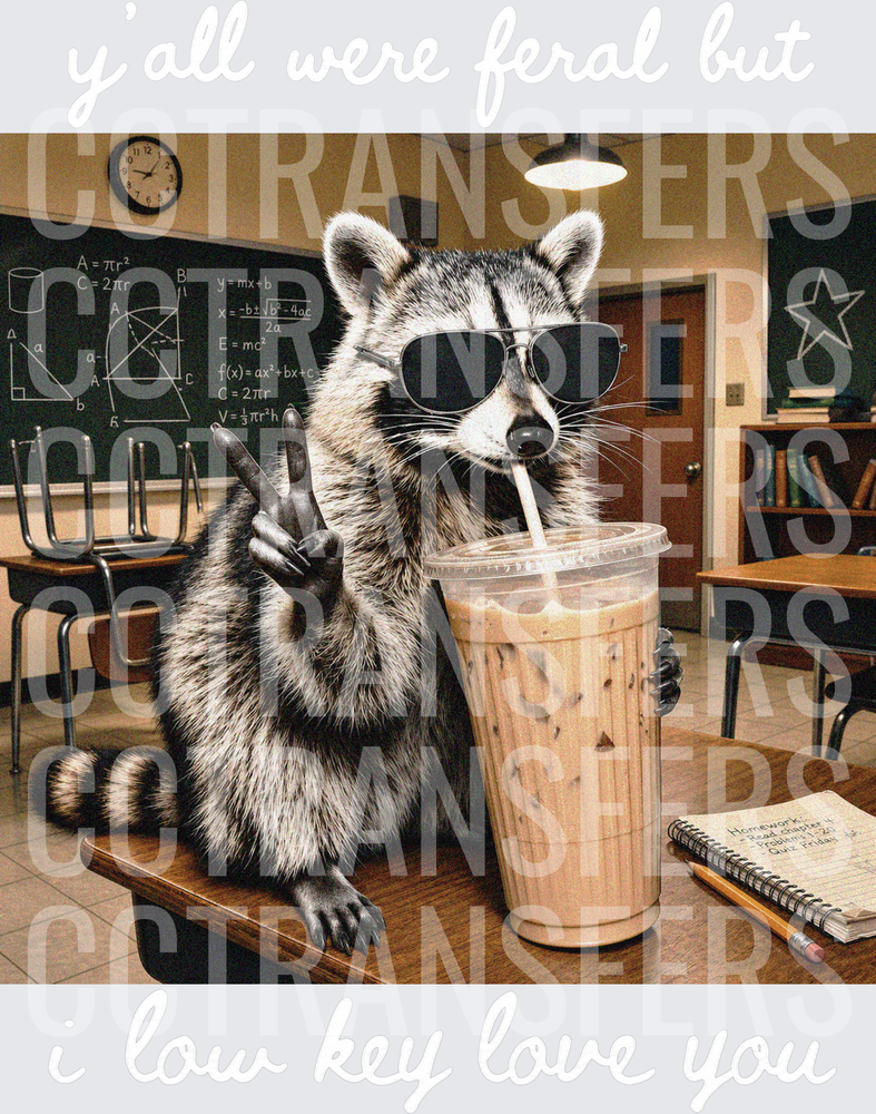 Cool Raccoon Sunglasses Iced Coffee Classroom Peace Sign (DTF)