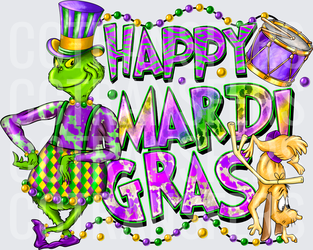 Happy Mardi Gras G-Man and Dog Purple Gold Green Beads (DTF)