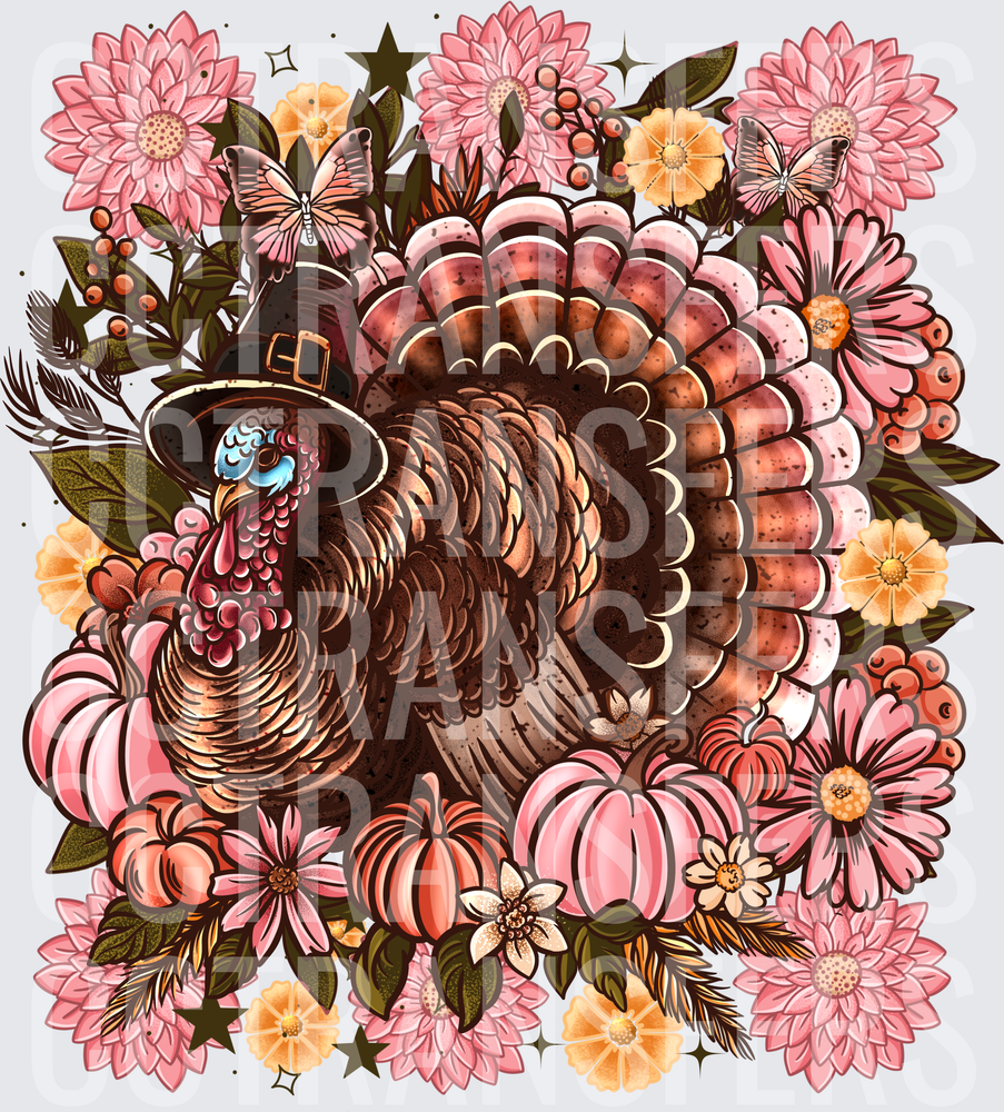 Floral Thanksgiving Turkey Pilgrim Hat Pumpkins Butterflies (DTF)