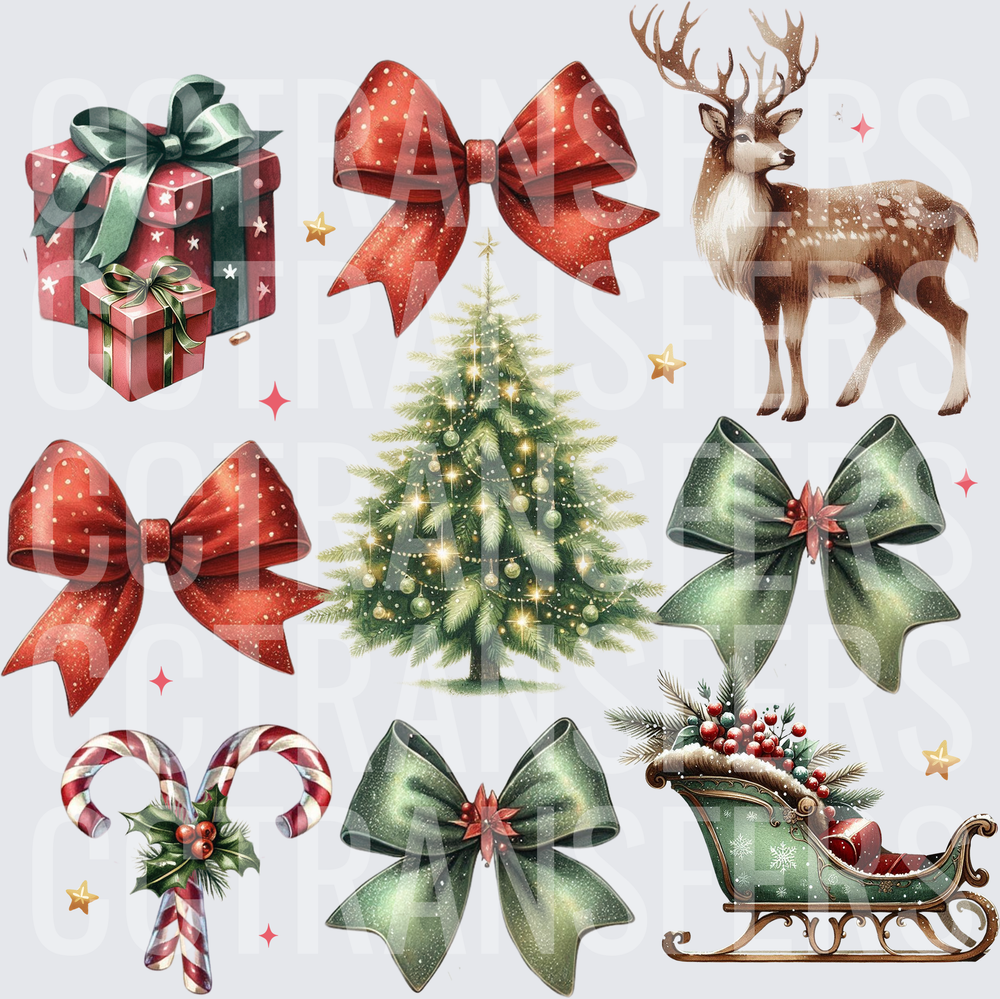 Watercolor Christmas Elements Collage Bows Tree Deer Sleigh (DTF)