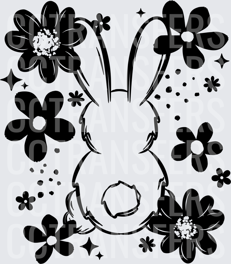 Bunny Face Surrounded by Bold Floral Blooms and Stars (DTF)
