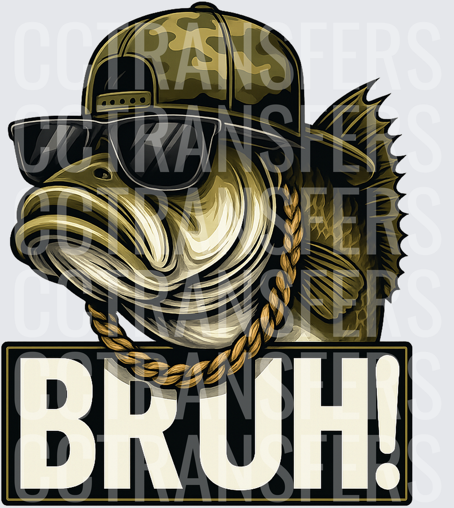 Cool Bass Fish Camo Hat Sunglasses Gold Chain BRUH! (DTF)