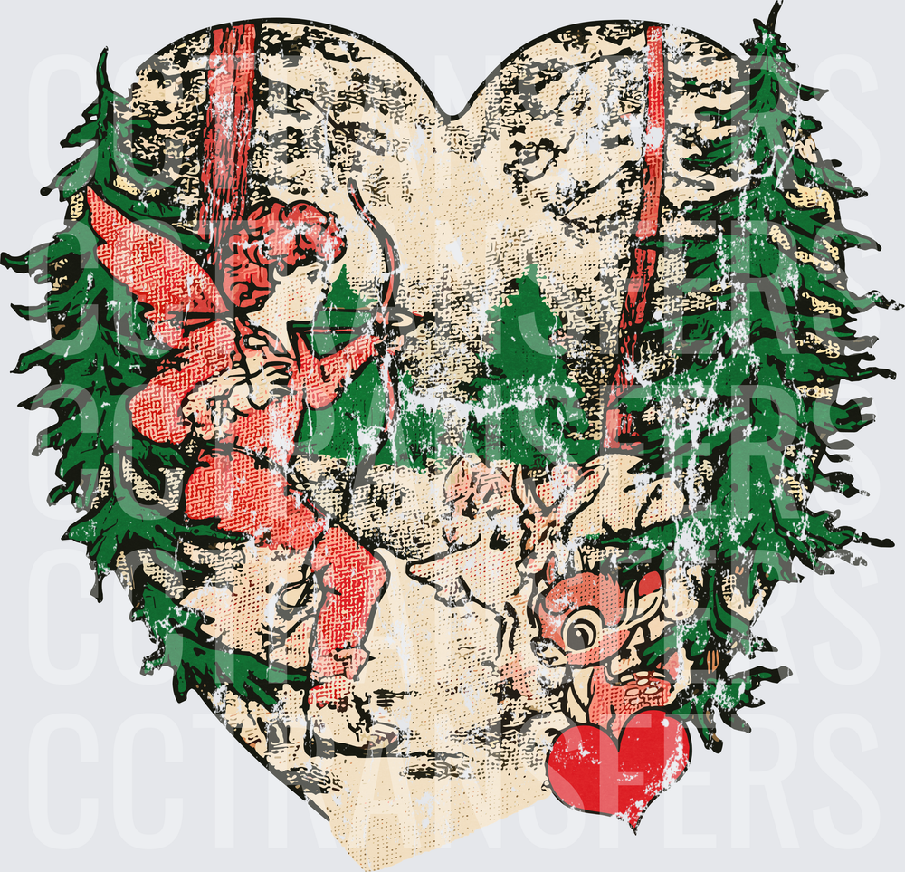 Vintage Heart Elf and Red-Nosed Reindeer Winter Forest (DTF)