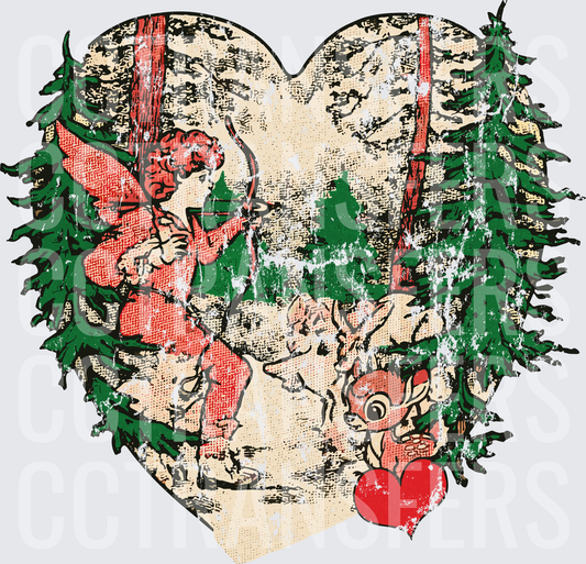 Vintage Heart Elf and Red-Nosed Reindeer Winter Forest (DTF)