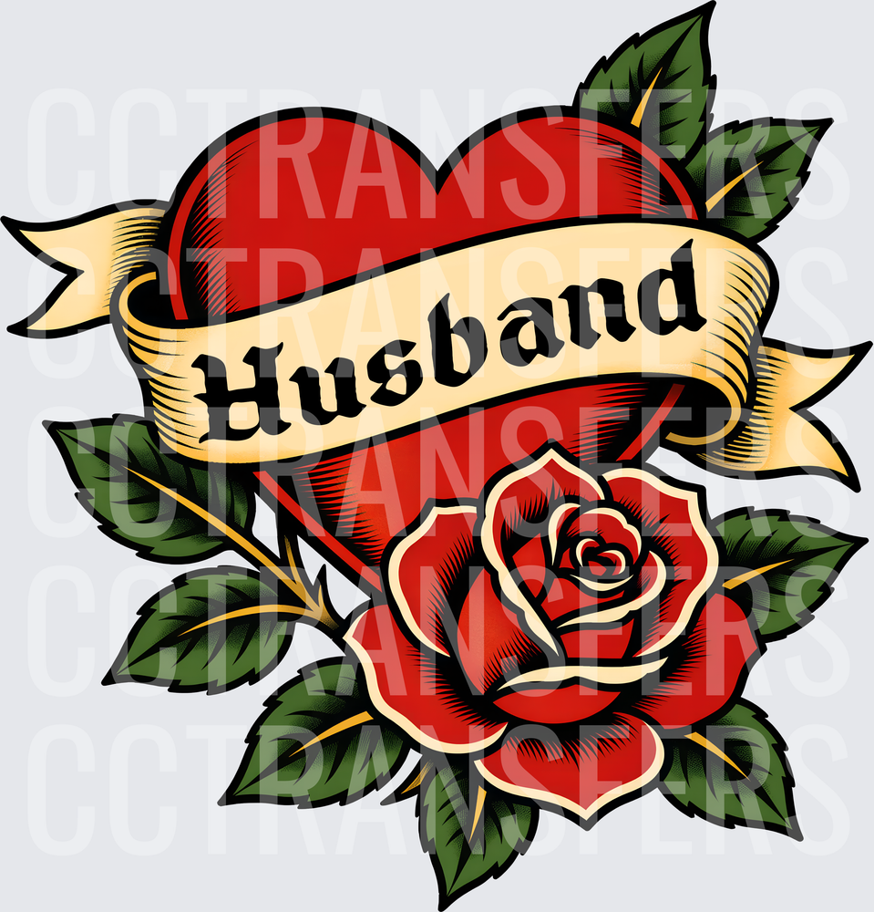 Husband Heart Rose Tattoo Style Banner (DTF)