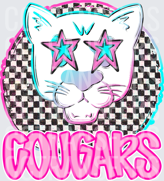 Retro Checkered Cougars Mascot Star Eyes Pink (DTF)